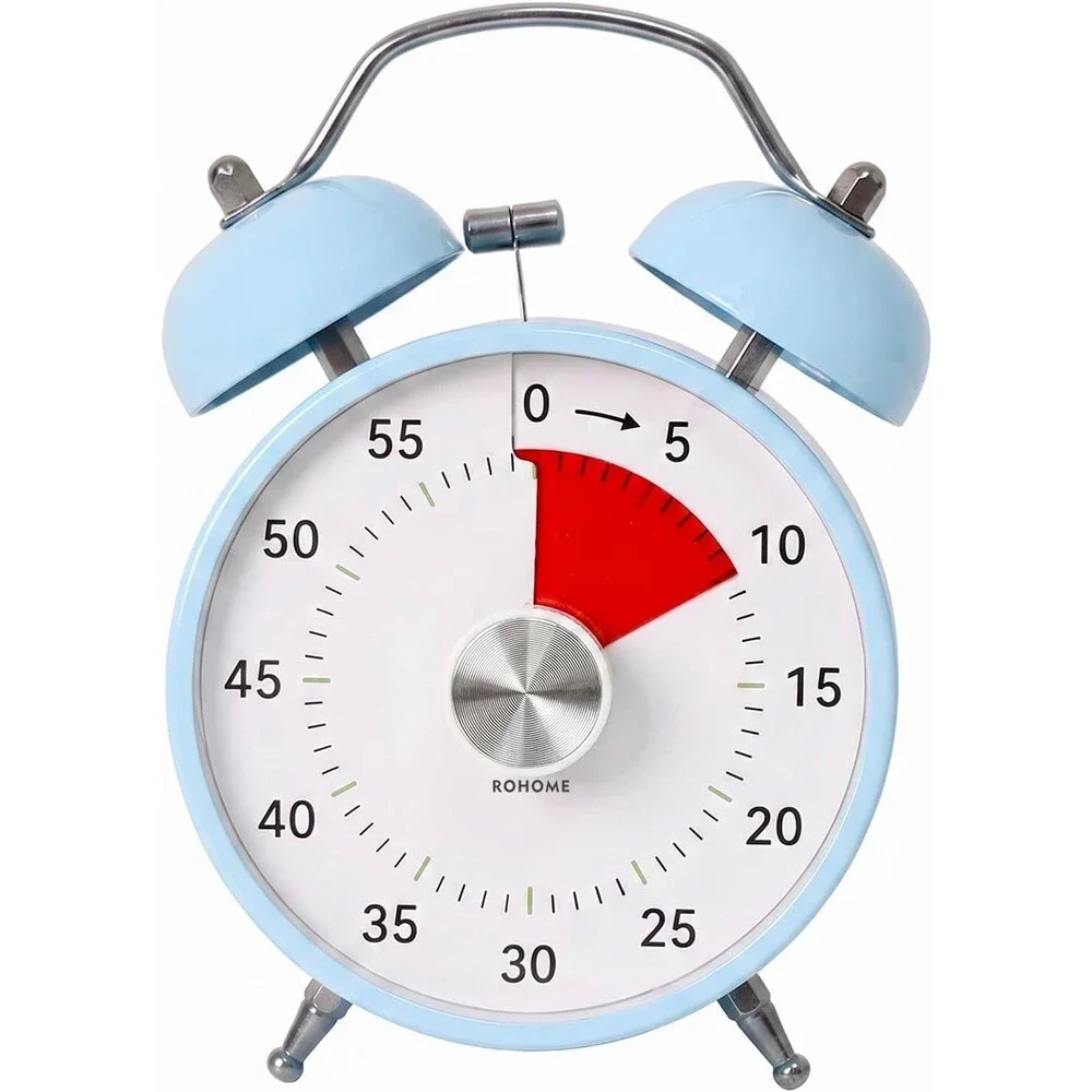 60 Minute Visual Timer Analog Countdown Clock Loud Bell Alarm Blue No Ticking